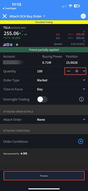 Attach OCA buy order preview on the iPhone. 